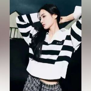 Spelledit Black & White Striped Knit Sweater, One Size